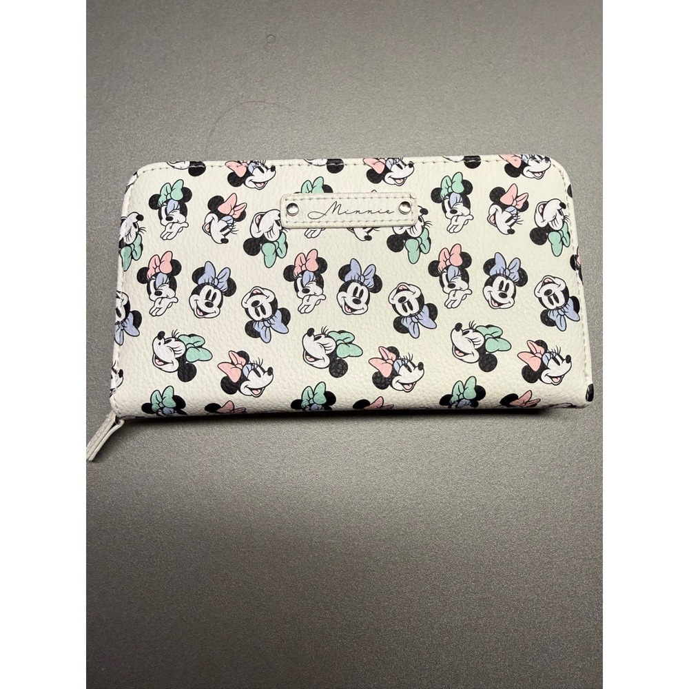 Disney Minnie Mouse Zip Around Wallet White Pastel Bows Faux Leather Long Clutch